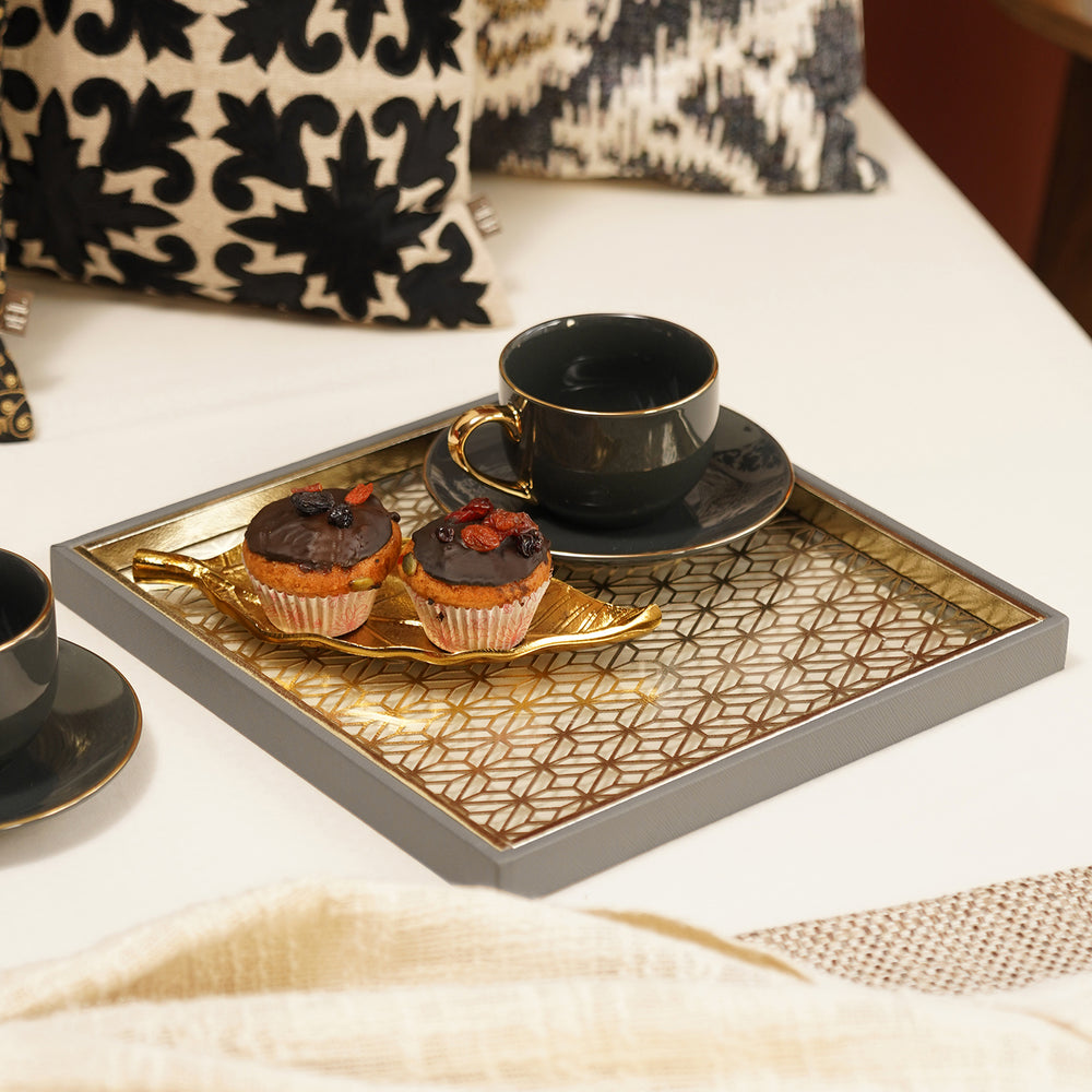 Grey Lazer Cut Square Faux Leather Platter