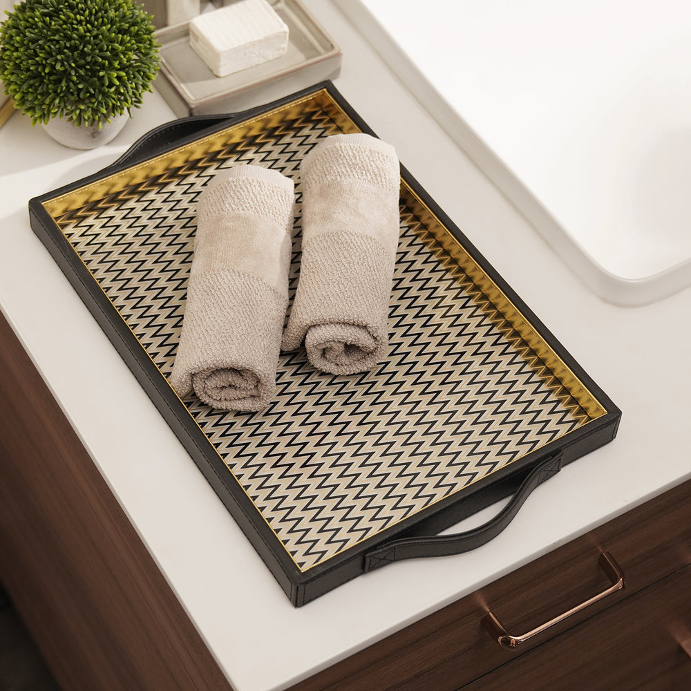 Black Printed Glass Faux Leather Serving Tray
