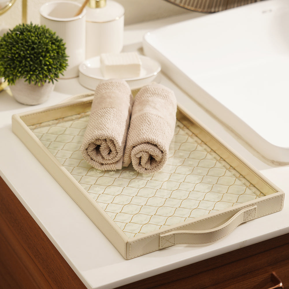 Cream Printed Glass Faux Leather Serving Tray
