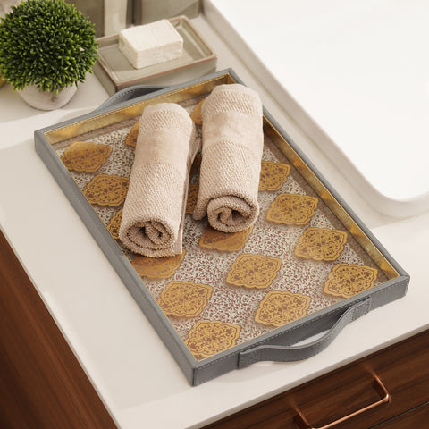 Grey Printed Glass Faux Leather Serving Tray