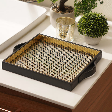 Black Glass Printed Faux Leather Tray