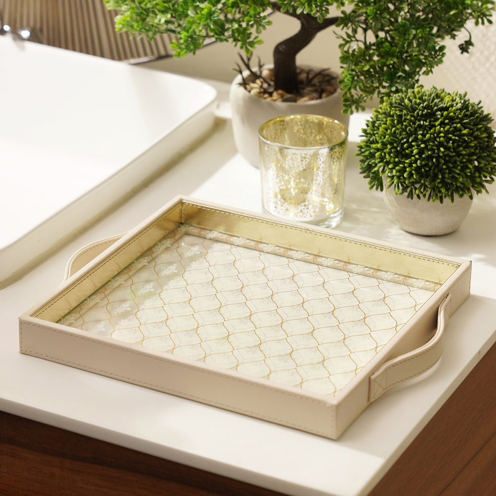 Cream Glass Printed Faux Leather Tray