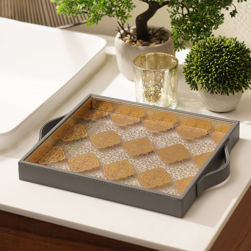 Grey Glass Printed Faux Leather Tray