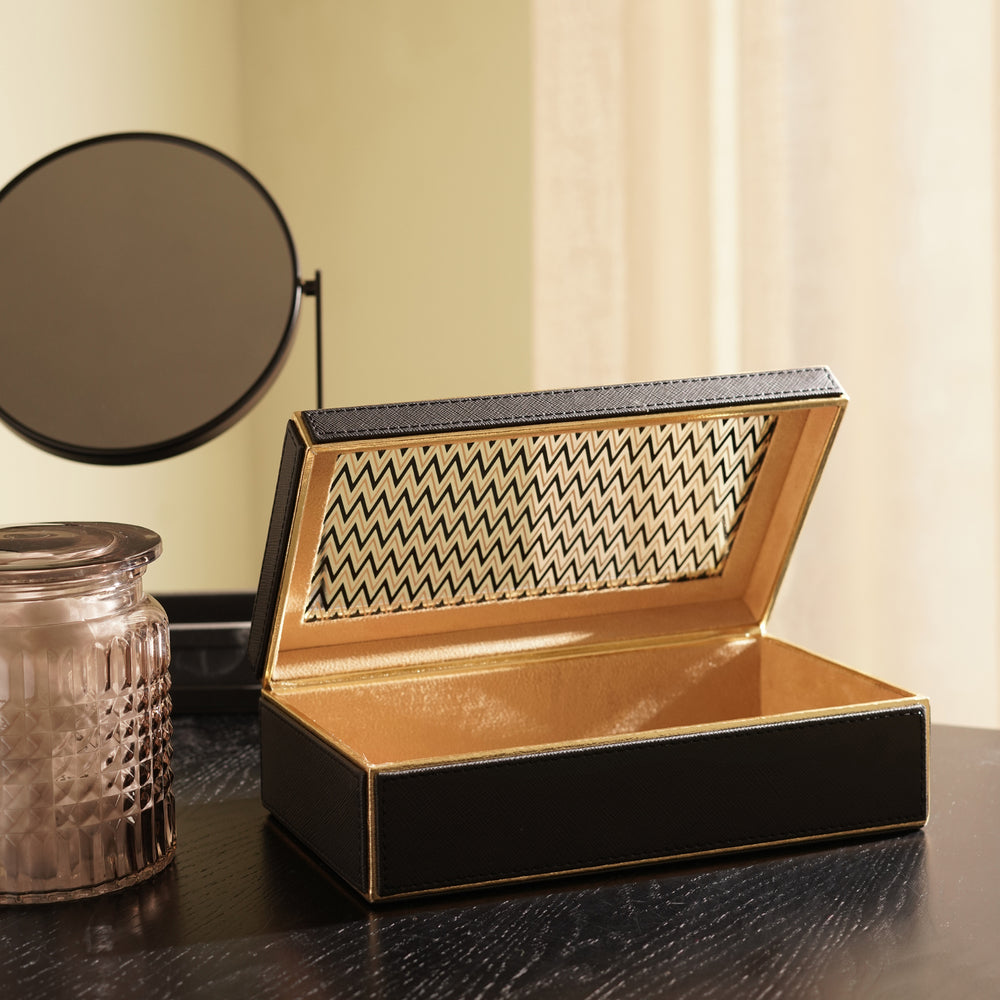 Black Printed Glass Faux Leather Storage Box with Lid