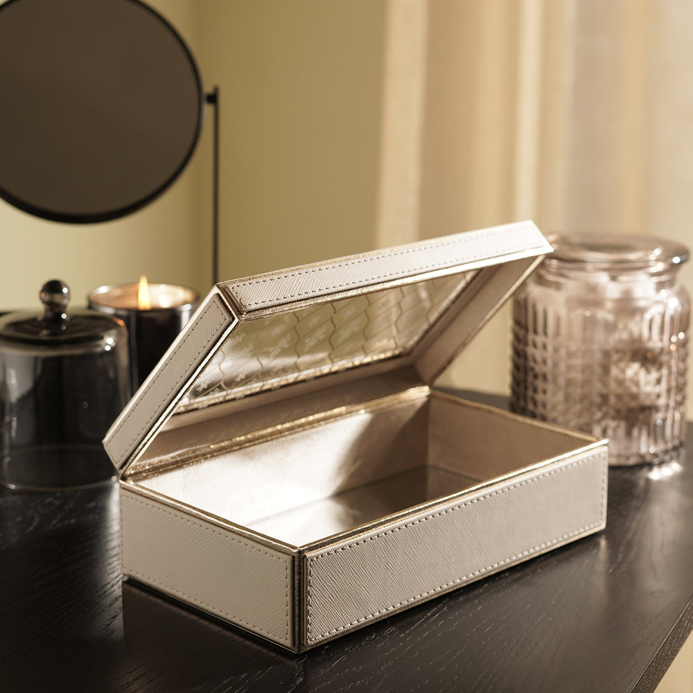 Cream Printed Glass Faux Leather Storage Box with Lid