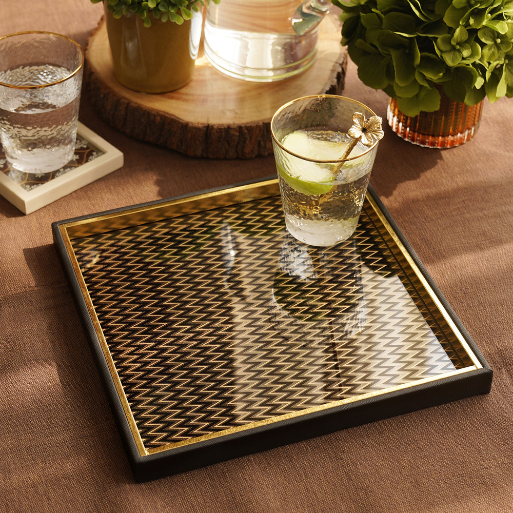 Black Printed Glass Faux Leather Platter