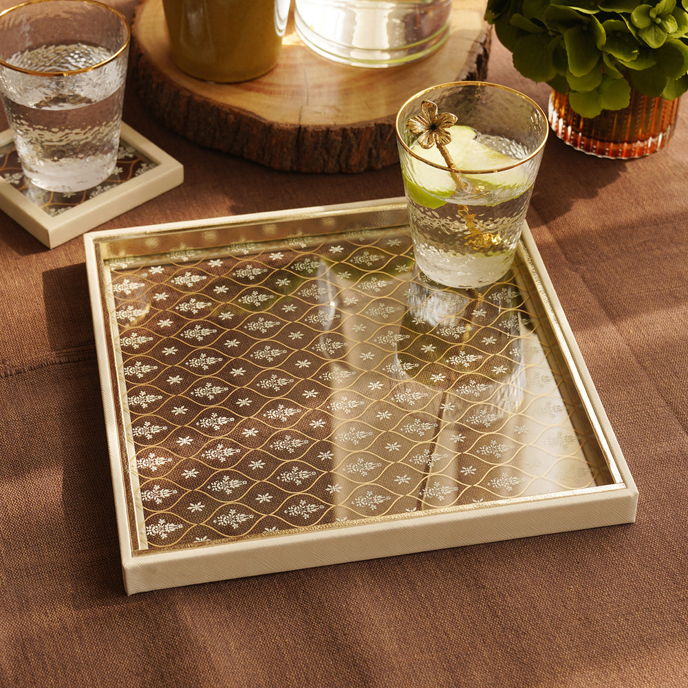 Cream Printed Glass Faux Leather Platter