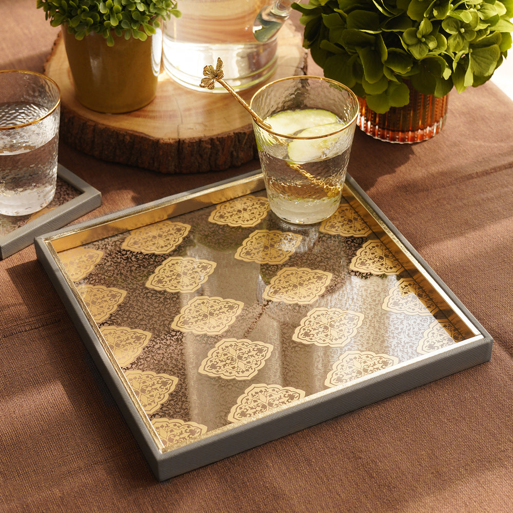 Grey Printed Glass Faux Leather Platter