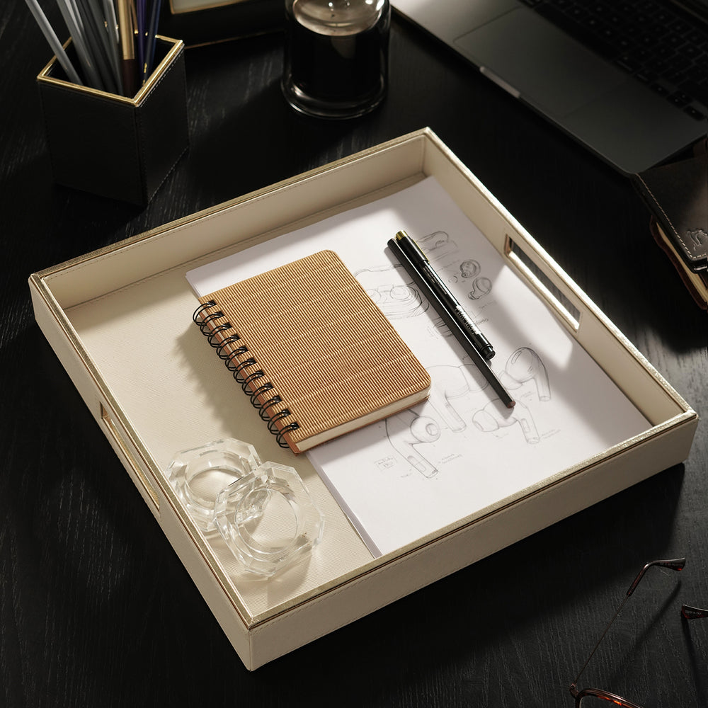 Beige Square Faux Leather Tray