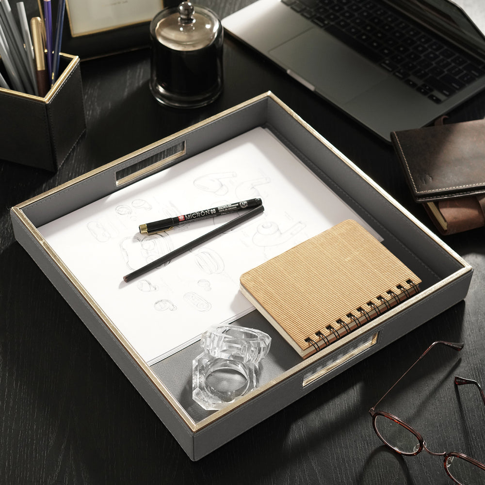 Grey Square Faux Leather Tray