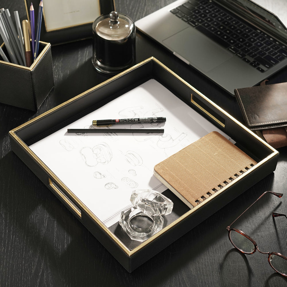 Black Square Faux Leather Tray