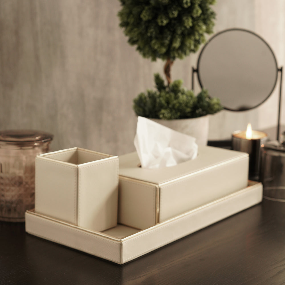 Set of 3 Beige Faux Leather Bathroom Accessories