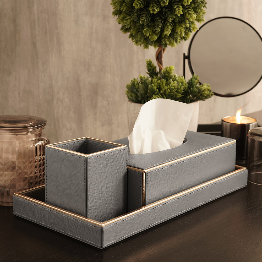 Set of 3 Grey Faux Leather Bathroom Accessories