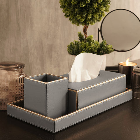 Set of 3 Grey Faux Leather Bathroom Accessories
