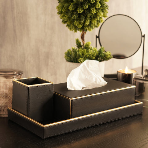 Set of 3 Black Faux Leather Bathroom Accessories