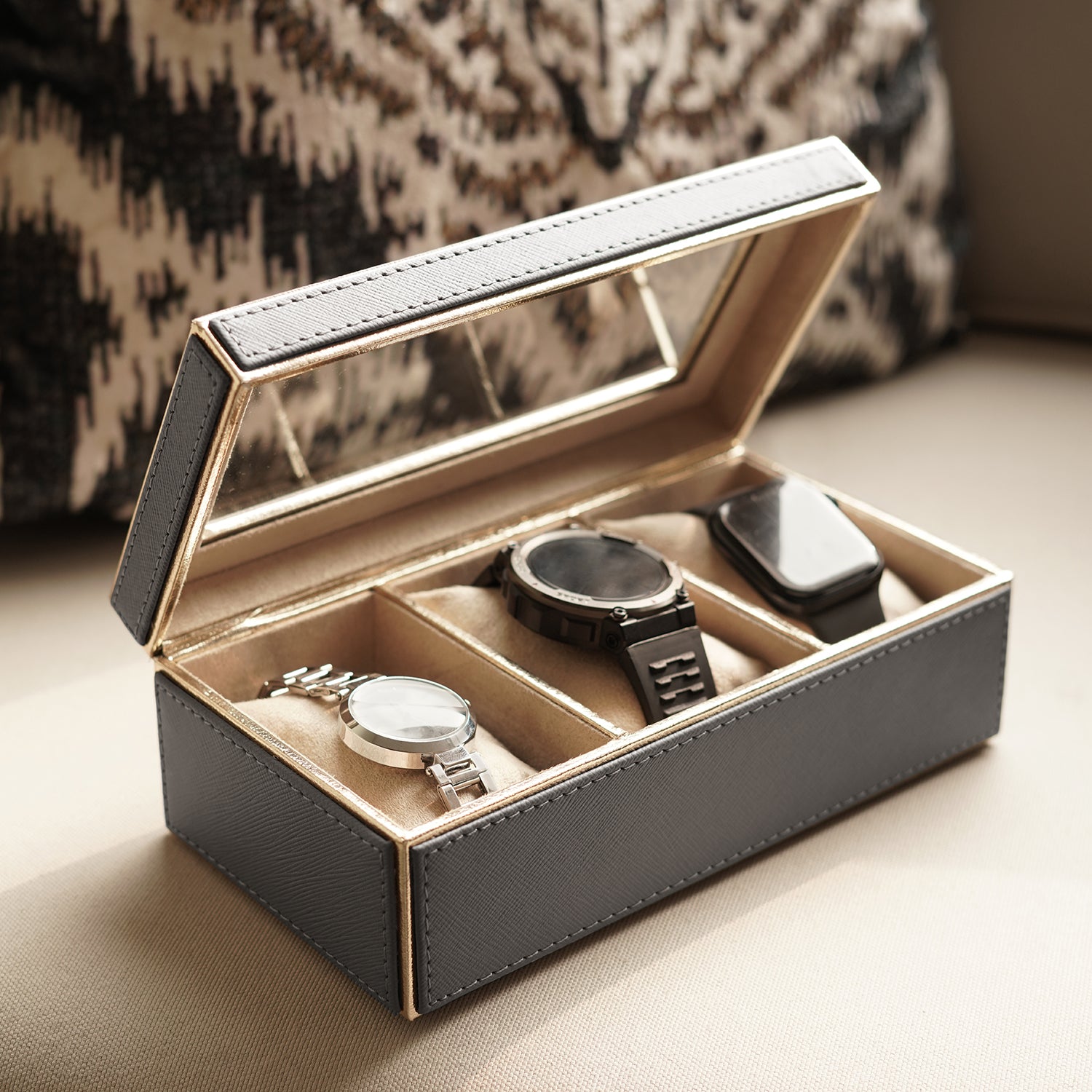 Grey 3 Compartment Faux Leather Watch Box