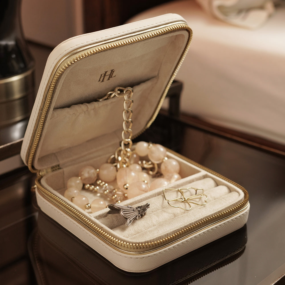 Cream Square Faux Leather Travel Jewellery Box