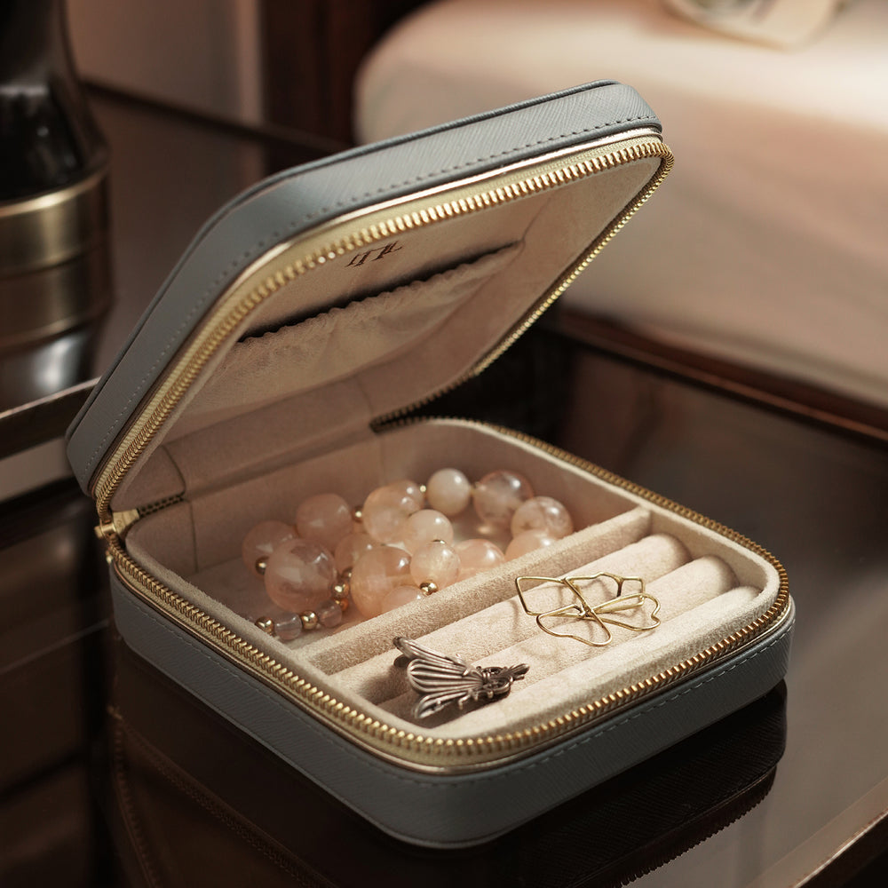 Grey Square Faux Leather Travel Jewellery Box