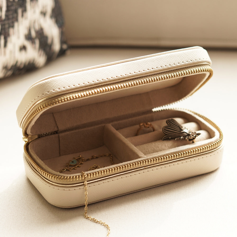 Beige Rectangle Faux Leather Travel Jewellery Box