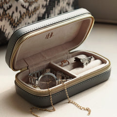 Grey Rectangle Faux Leather Travel Jewellery Box