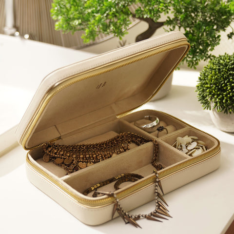 Beige Rectangle Faux Leather Travel Jewellery Box