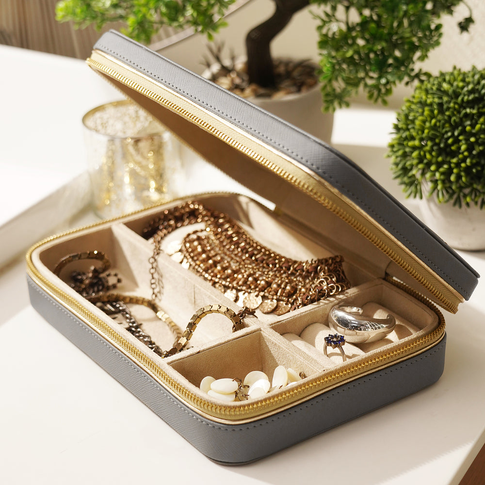 Grey Rectangle Faux Leather Travel Jewellery Box