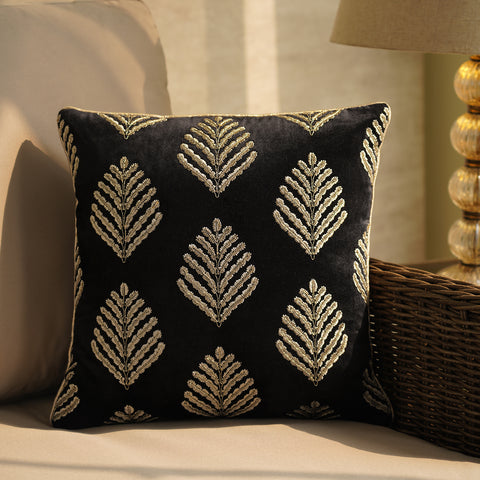 Black and Gold Leaf Thread Embroidered Cushion Cover