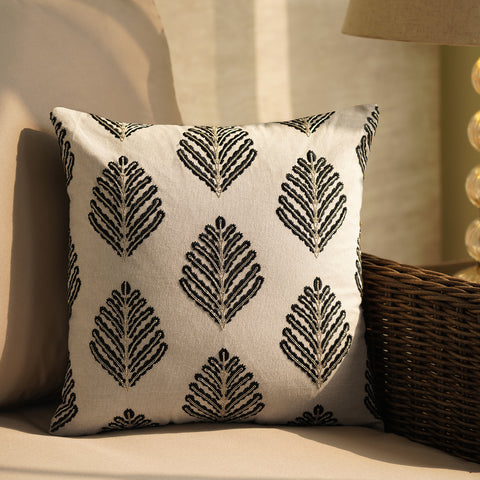 Beige and Black Leaf Thread Embroidered Cushion Cover
