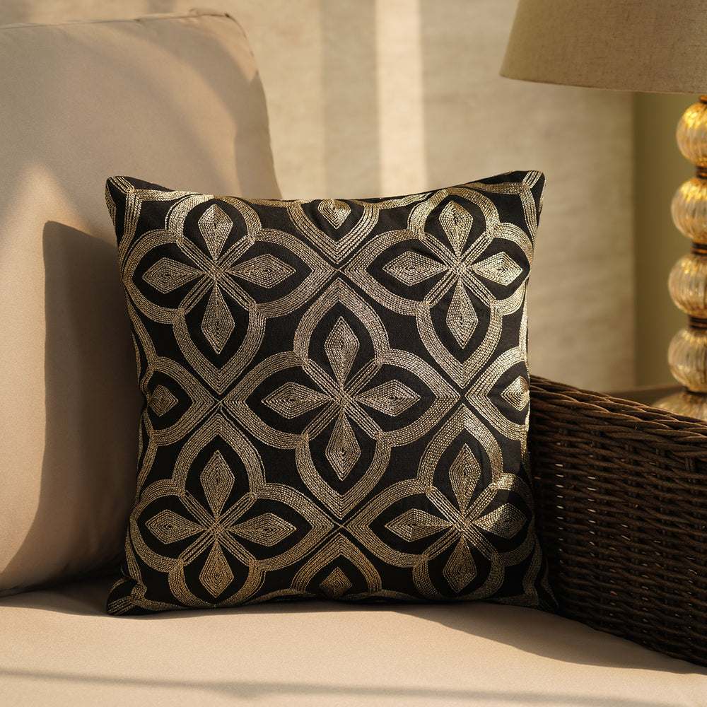 Black and Gold Embroidered Cushion Cover