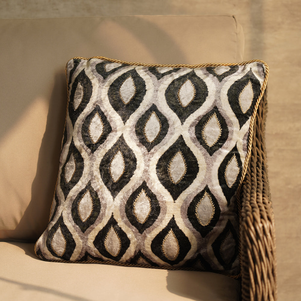 Black Embroidered Printed Velvet Cushion Cover