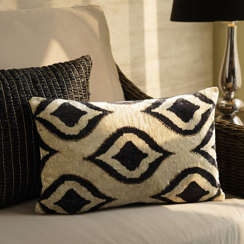 Black Embroidered Printed Velvet Rectangle Cushion Cover