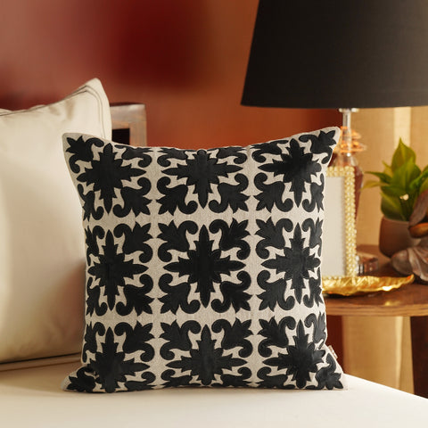 Cream Applique Work Cushion Cover