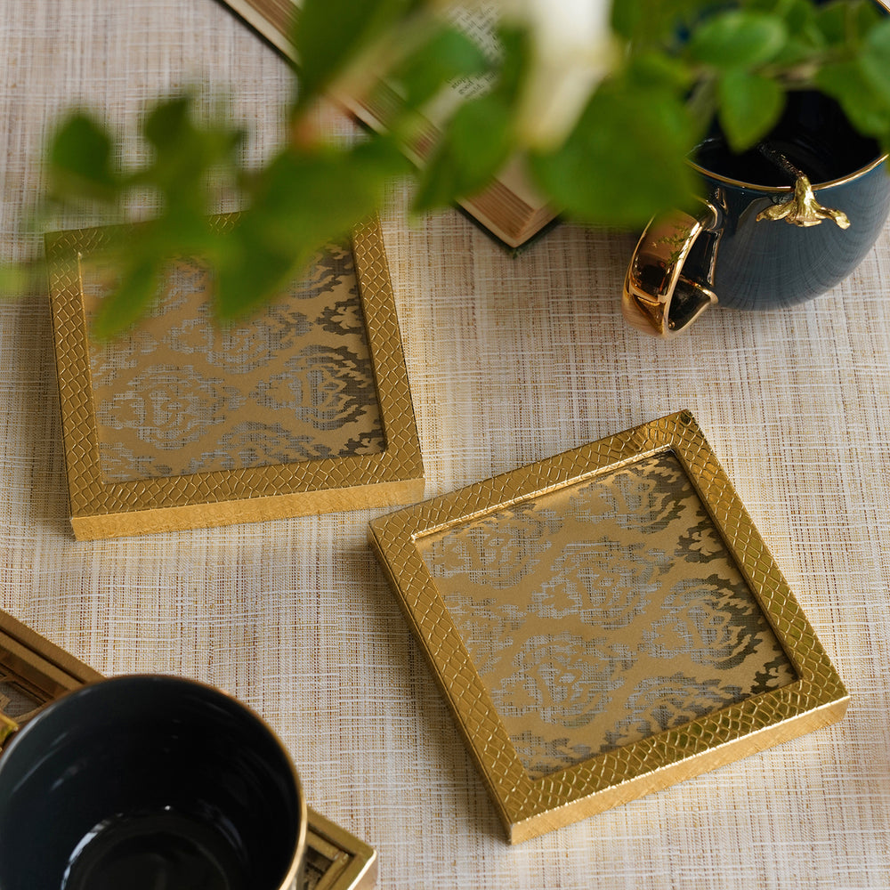 Set of 2 Gold Printed Glass Faux Leather Coasters