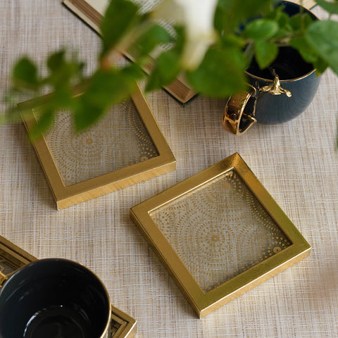Set of 2 Gold Dot Printed Glass Faux Leather Coasters
