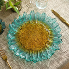 Set Of 2 Blue & Yellow Ombre Gerbera Shaped Dinner Plates