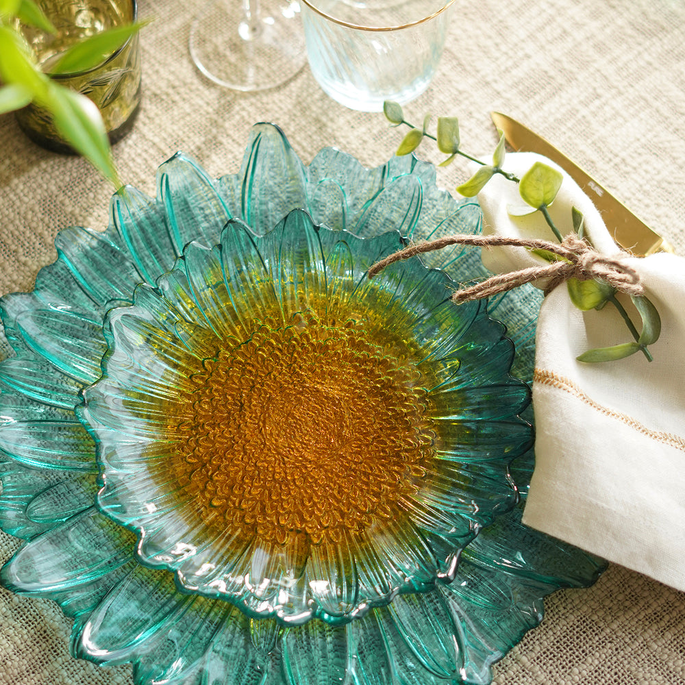 Set Of 2 Blue & Yellow Ombre Gerbera Shaped Desset Plates