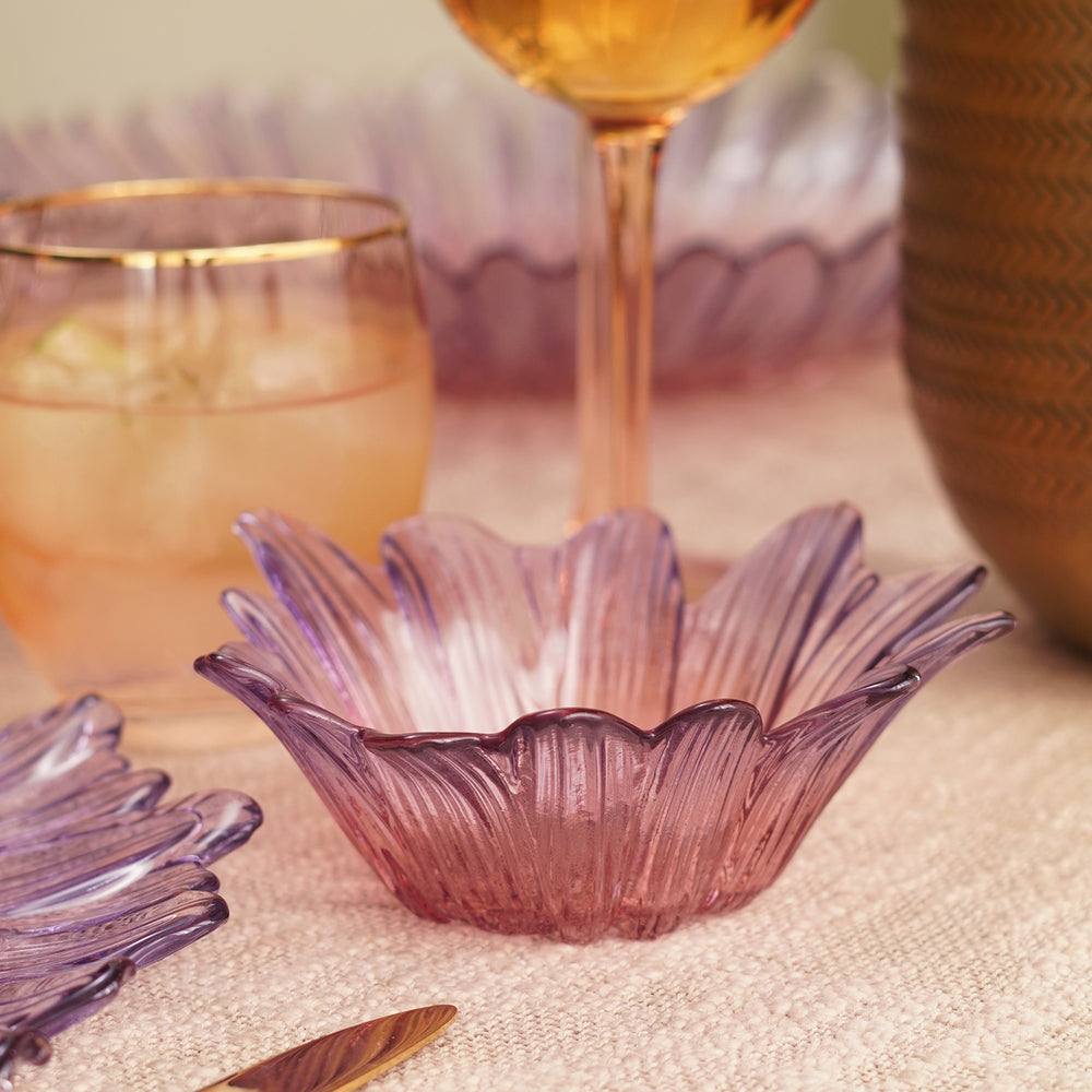 Set Of 2 Purple Gerbera Shaped Glass Side Bowls - Small