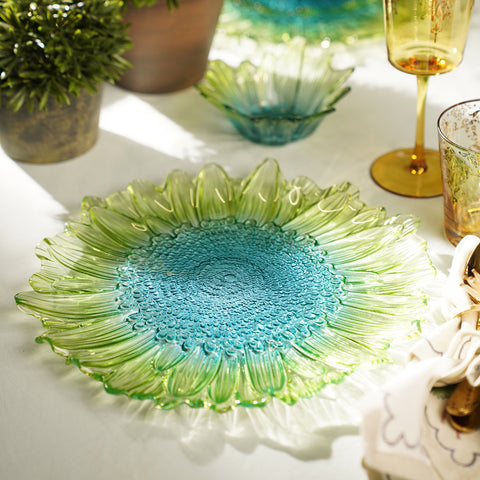 Set of 2 Green & Blue Ombre Gerbera Glass Dinner Plates