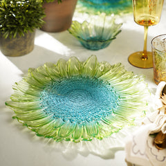 Set of 2 Green & Blue Ombre Gerbera Glass Dinner Plates