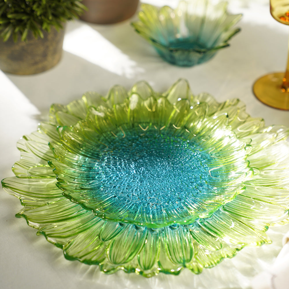 Set of 2 Green & Blue Ombre Gerbera Glass Dessert Plates