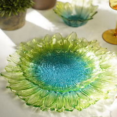 Set of 2 Green & Blue Ombre Gerbera Glass Dessert Plates