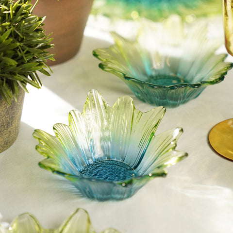 Set Of 2 Green & Blue Gerbera Glass Side Bowls - Small