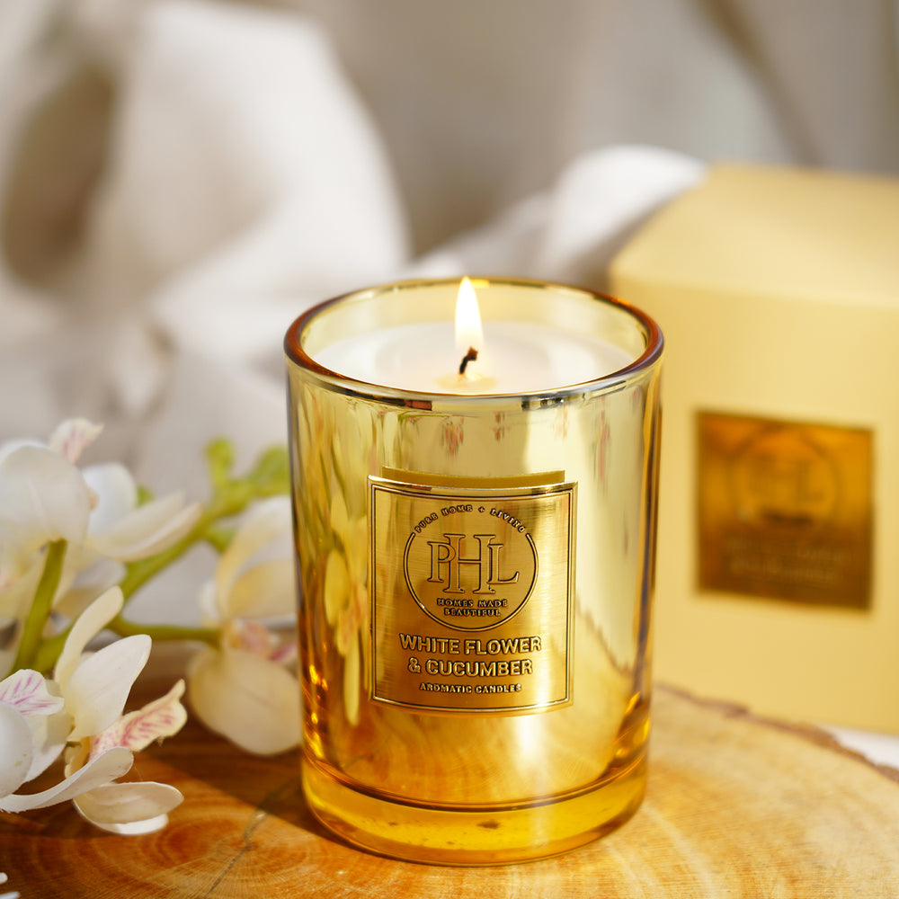 White Flower & Cucumber Scented Wax Filled Candle - Gold