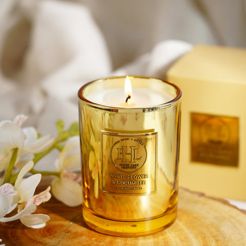 White Flower & Cucumber Scented Wax Filled Candle - Gold