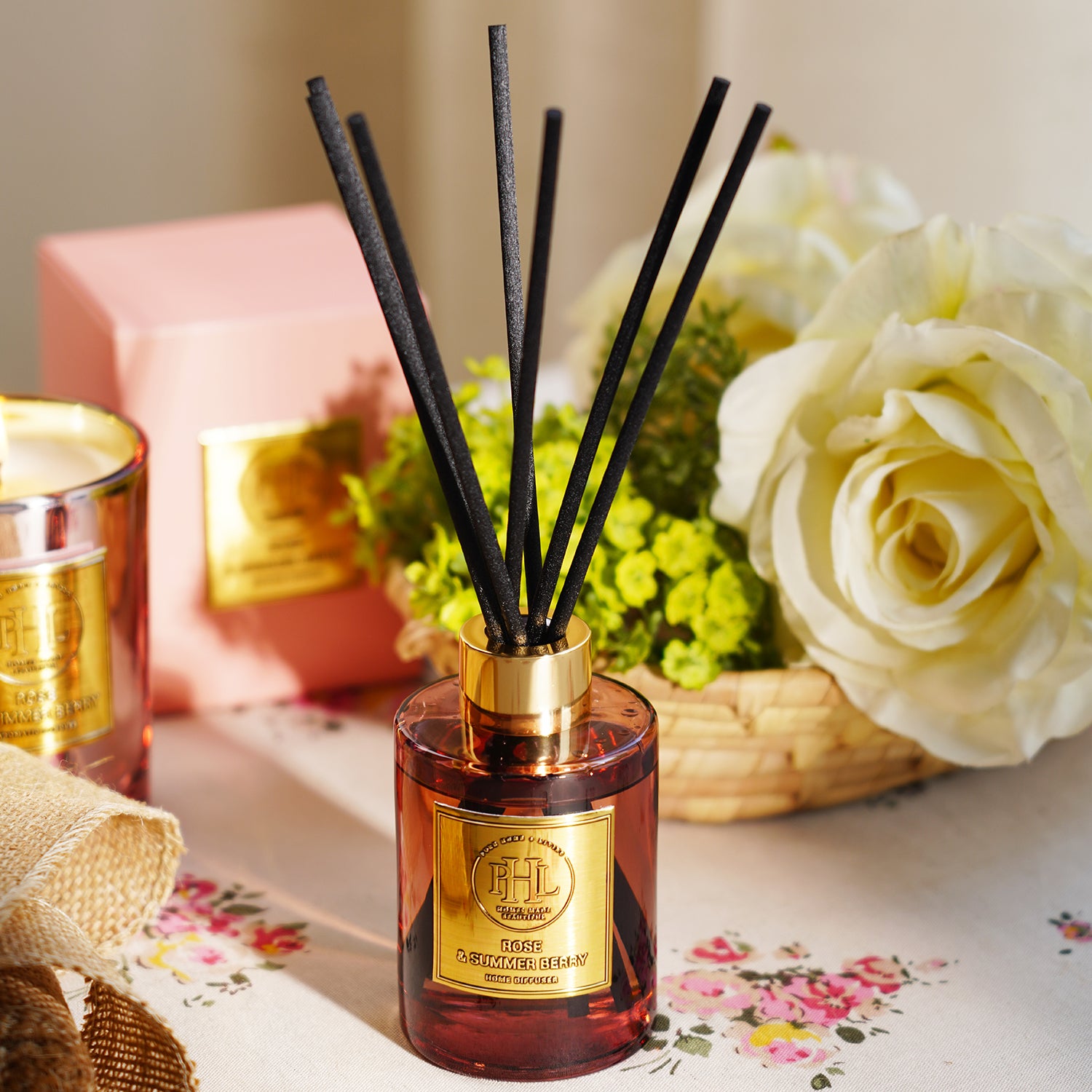 Pink Container Reed Diffuser Rose and Summer Berry Scented Reed Diffuser - Pink