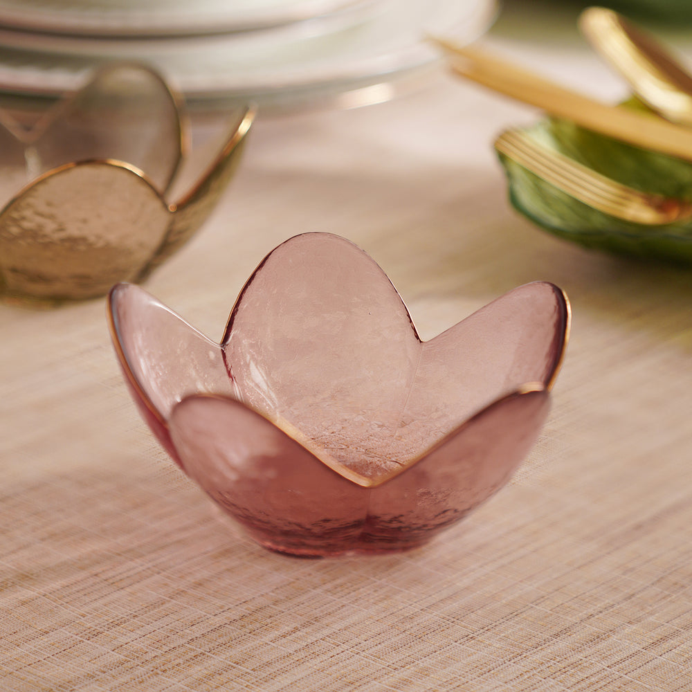 Pink Hammered Floral Glass Bowl with Gold Rim - Small