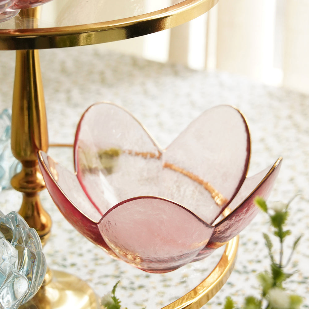 Pink Hammered Floral Glass Bowl with Gold Rim - Large