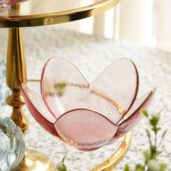 Pink Hammered Floral Glass Bowl with Gold Rim - Large