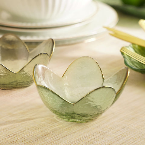 Green Hammered Floral Glass Bowl with Gold Rim - Small