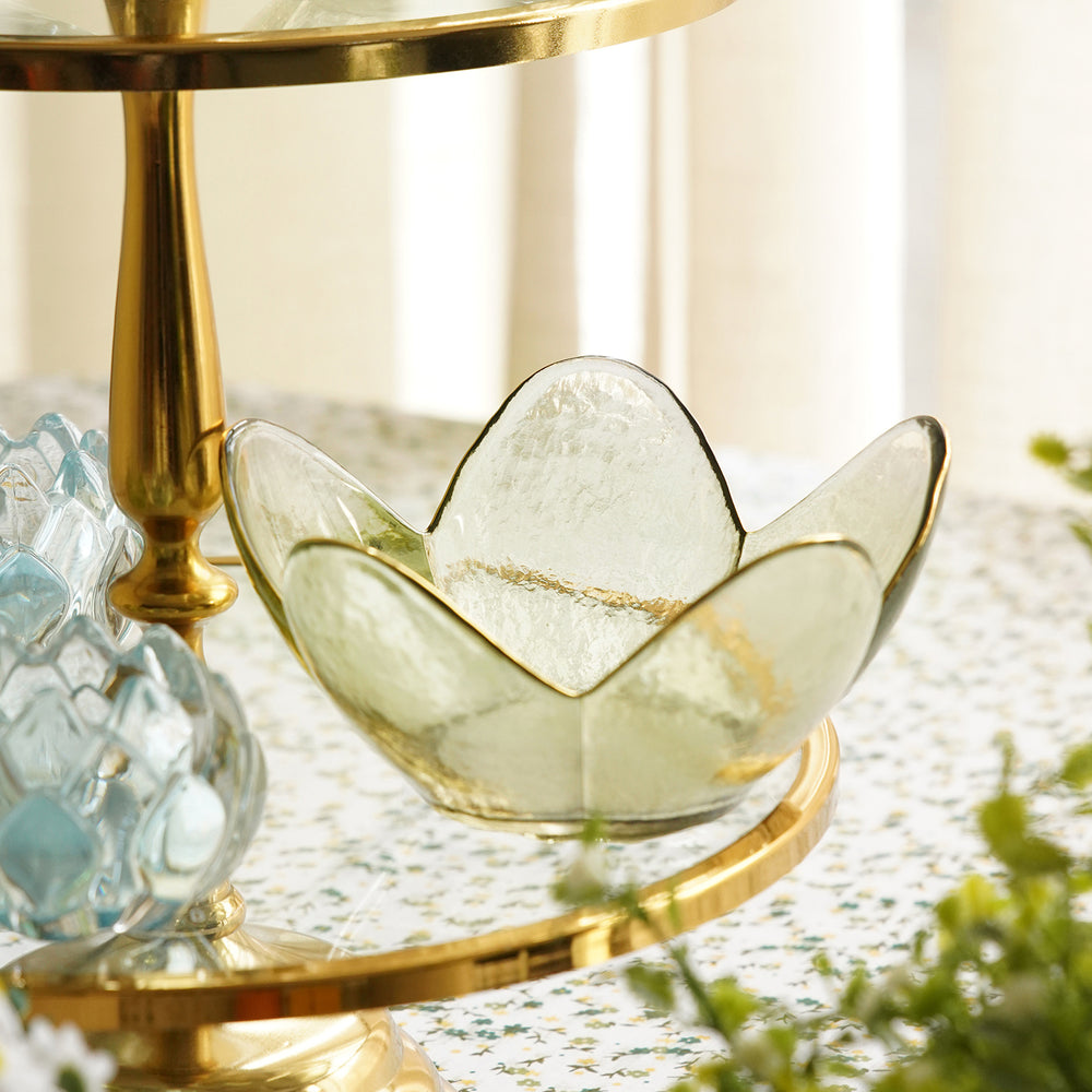 Green Hammered Floral Glass Bowl with Gold Rim - Large